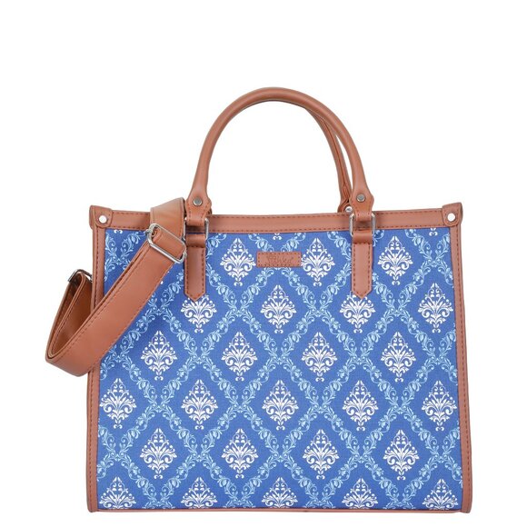 Hand Crafted Blue Printed Fabric Laptop Bag, Elegant Shoulder Satchel Purse - Picture 1 of 10